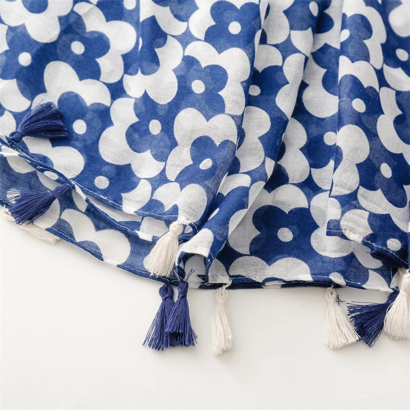 Blue White Floral Print Long Scarf With Tassels - Image 10