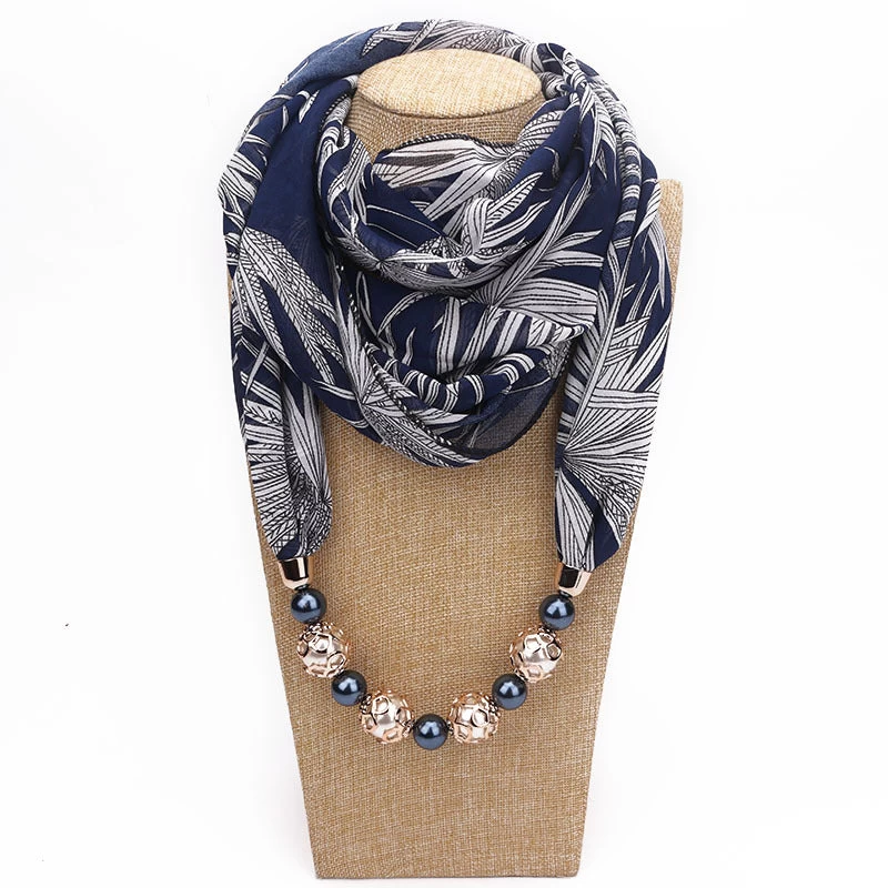 Chiffon Infinity Scarf With Jewellery In Navy Leaves Print
