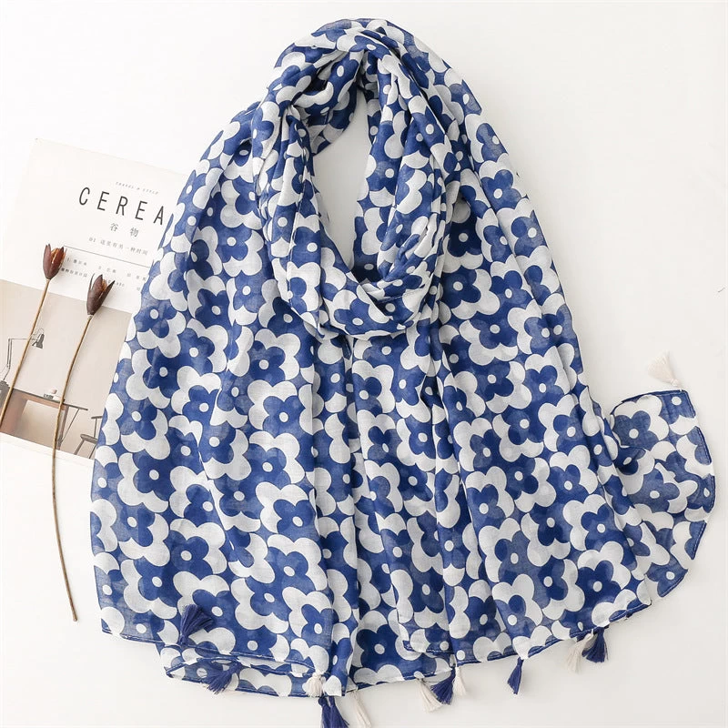 Blue White Floral Print Long Scarf With Tassels