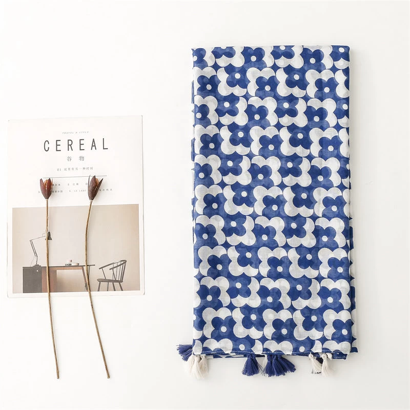 Blue White Floral Print Long Scarf With Tassels - Image 2