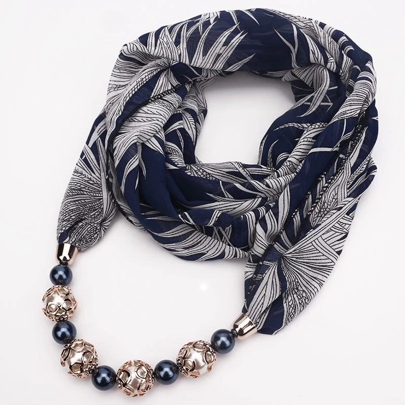 Chiffon Infinity Scarf With Jewellery In Navy Leaves Print - Image 2