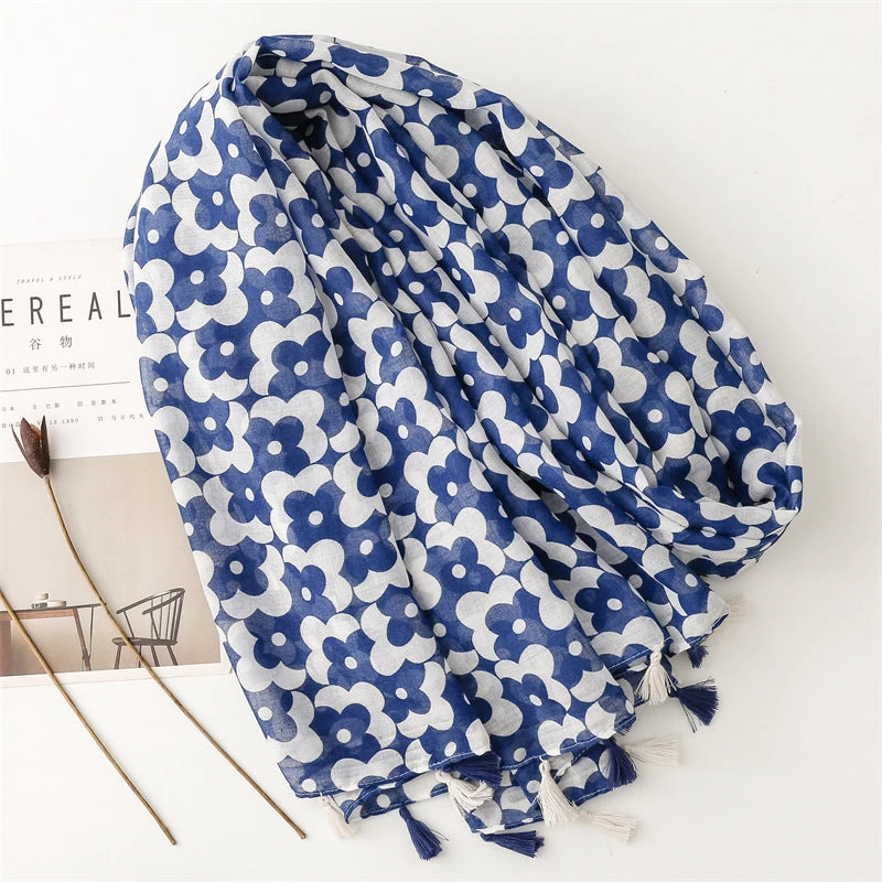 Blue White Floral Print Long Scarf With Tassels - Image 4