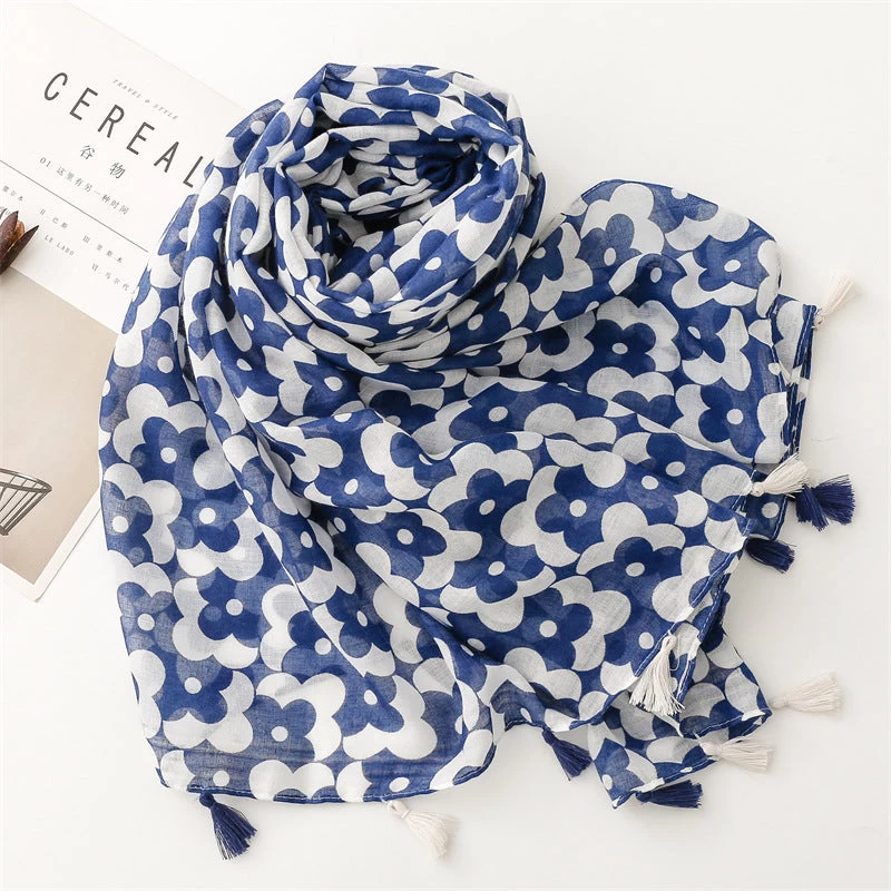 Blue White Floral Print Long Scarf With Tassels - Image 5