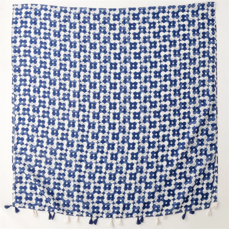 Blue White Floral Print Long Scarf With Tassels - Image 6