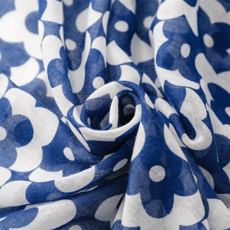 Blue White Floral Print Long Scarf With Tassels - Image 7