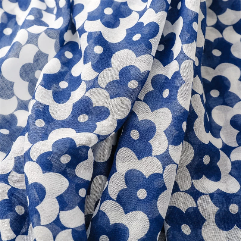 Blue White Floral Print Long Scarf With Tassels - Image 8