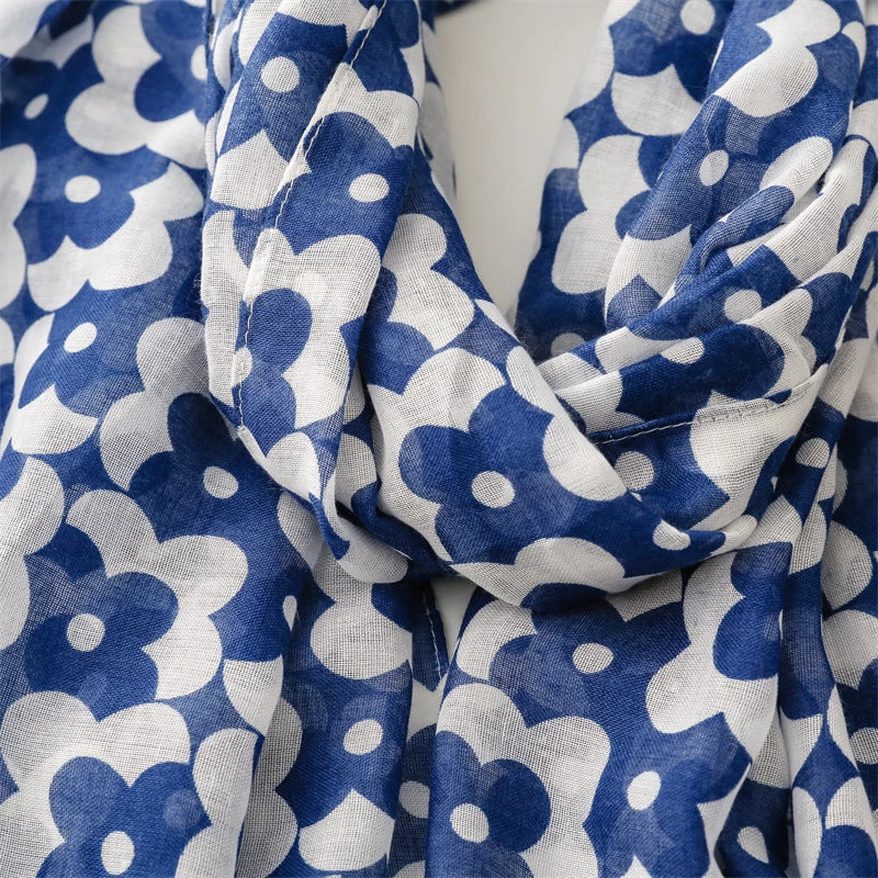 Blue White Floral Print Long Scarf With Tassels - Image 9