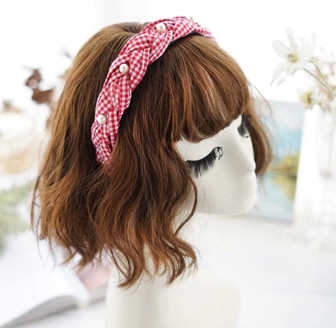 Gingham Braided Headband With White Pearls