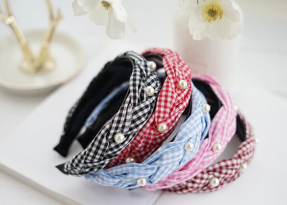 Gingham Braided Headband With White Pearls - Image 9