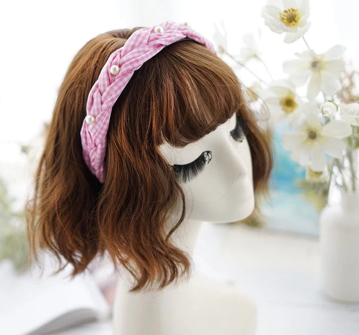 Gingham Braided Headband With White Pearls - Image 4