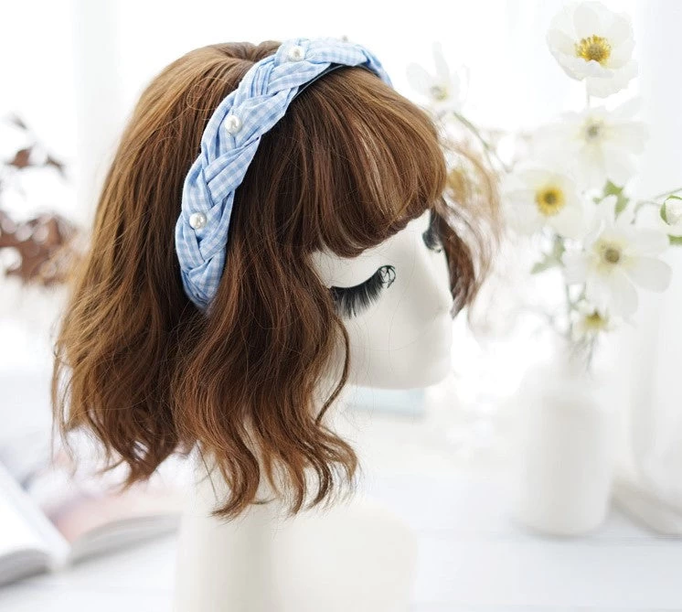 Gingham Braided Headband With White Pearls - Image 3