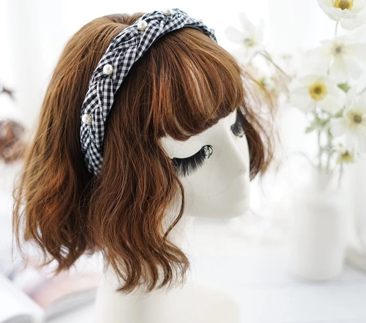 Gingham Braided Headband With White Pearls - Image 2
