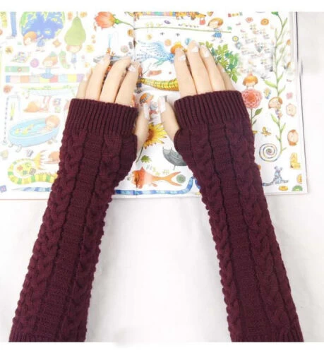 Patterned Finger-less Knitted Long Mittens / Gloves - Image 4