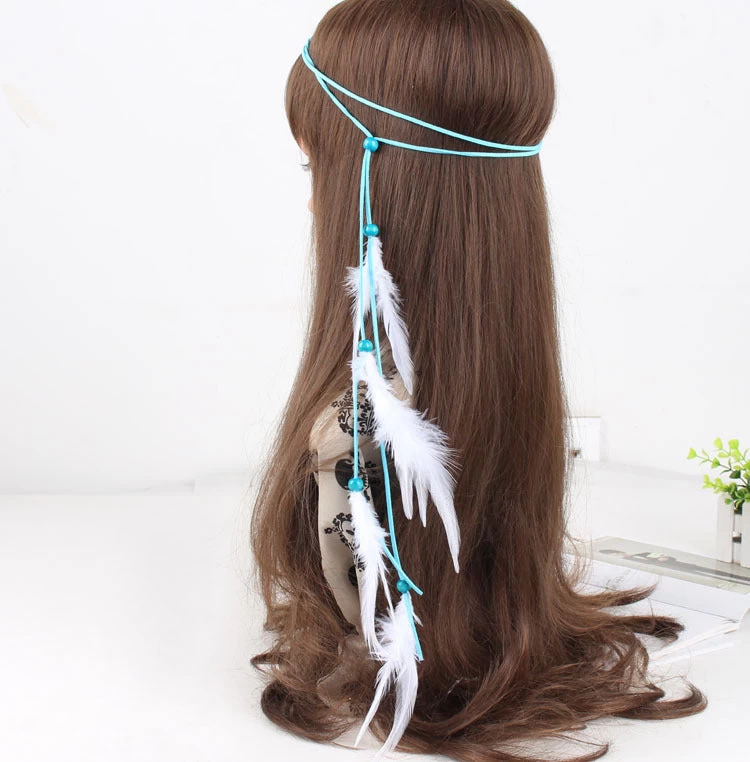 Turquoise Beads White Feather Hair Tie - Image 2